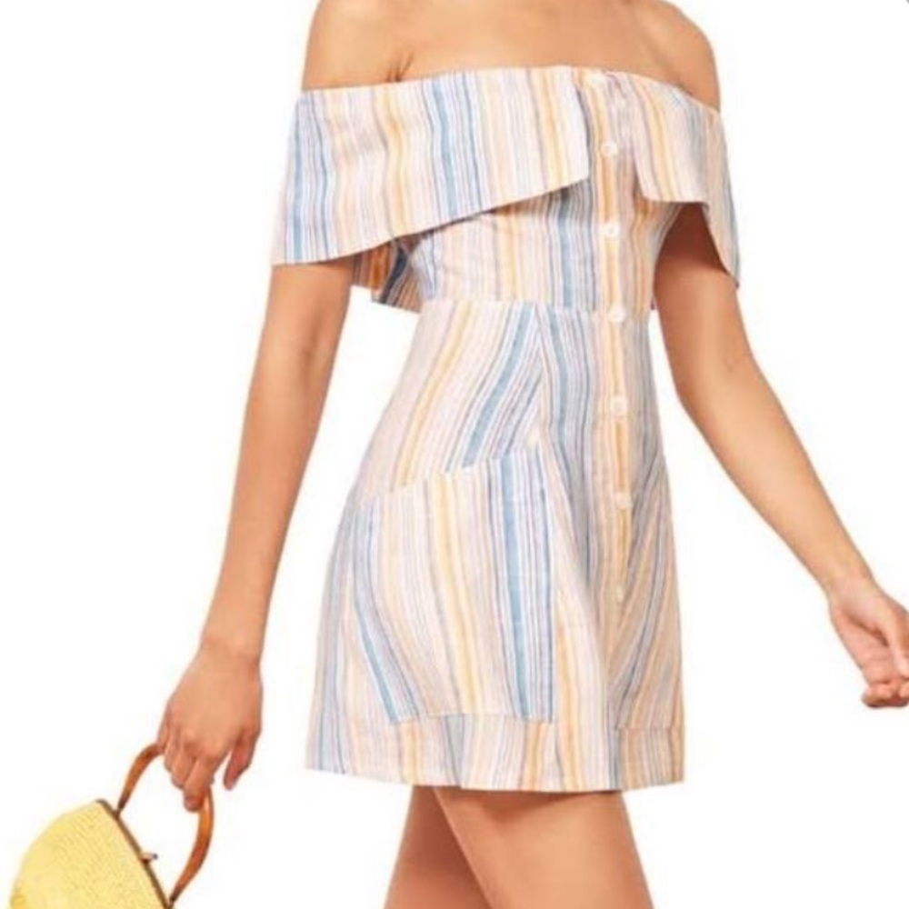 REFORMATION MARBELLA PINSTRIPE YELLOW BLUE OFF SHOULDER BUTTON DRESS SIZE 4